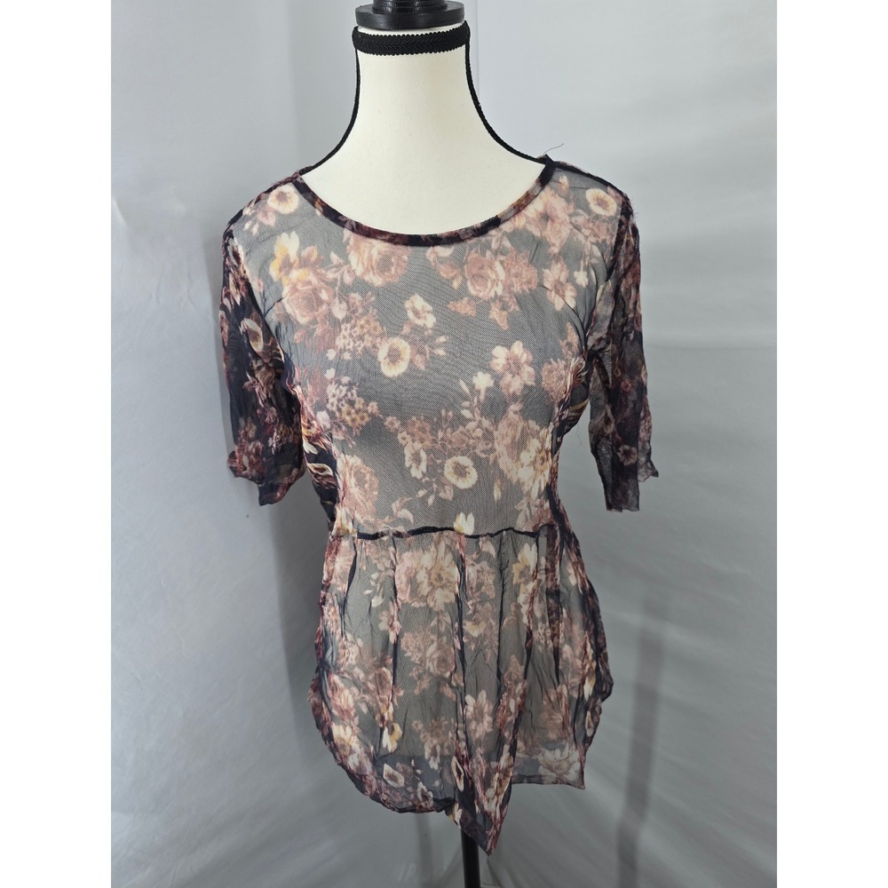 Women Sheer Mesh Floral Babydoll Top Elbow Sleeve Moody Boho Burgundy Small